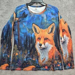 Feifeiyu Forest Fox Long Sleeve Top All Over Whimsical Print Tee XL